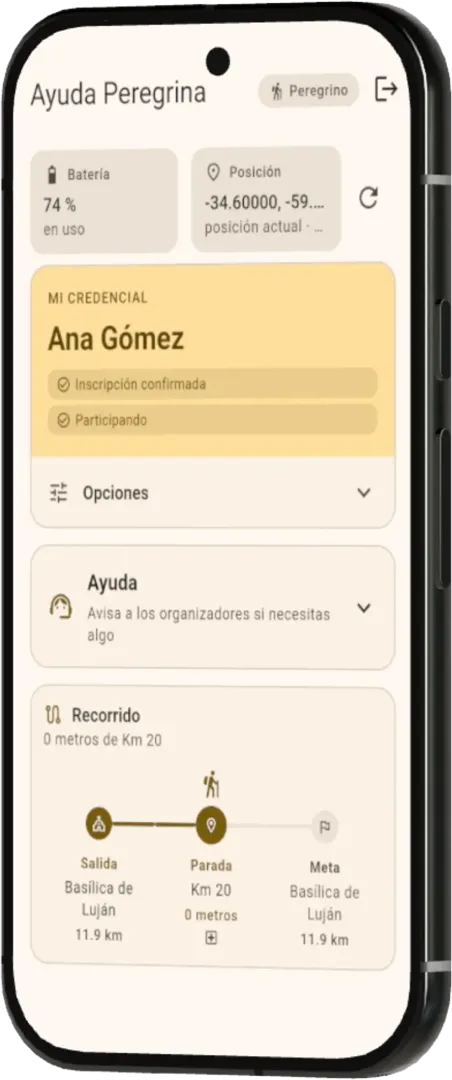 La app abierta en un teléfono, mostrando la credencial de una peregrina con su batería, su posición y el recorrido de la peregrinación.